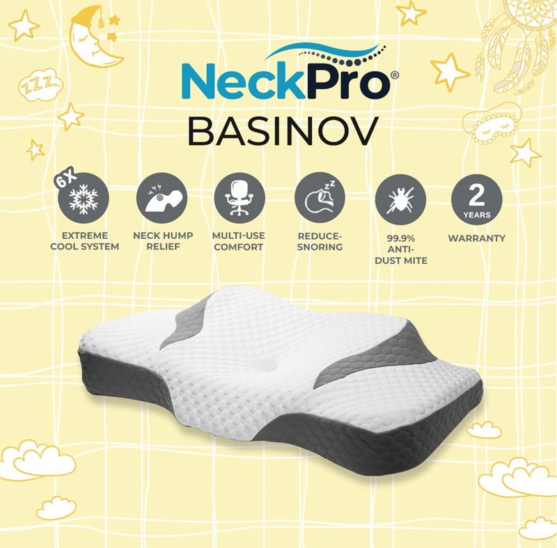 NeckPro Basinov ergonomic pillow with cooling, neck support, multi-use comfort, anti-dust-mite and warranty highlights