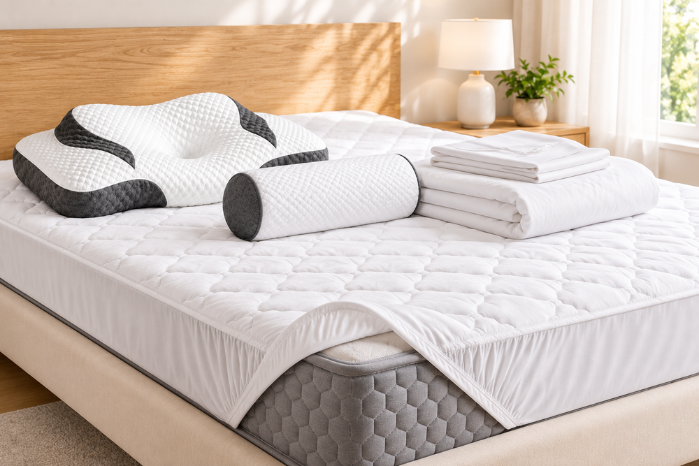Mattress protector with ergonomic pillow, bolster and bedding